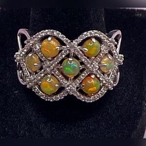 Sterling Silver 925 Multi Opal Gemstone Lattice Cocktail Ring Band Vintage Sz 10